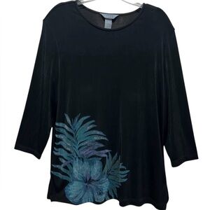 Koret Slinky Black Tunic w/ 3/4 Sleeves and Purple, Teal Floral Graphic - Large